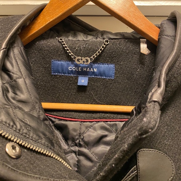 COLE HANN PEACOAT WOOL BLEND LEATHER TRIM & HOOD - Picture 4 of 11